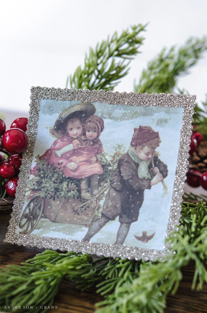 Check out this post for a free printable vintage image to create this festive holiday ornament.  |  www.andersonandgrant.com