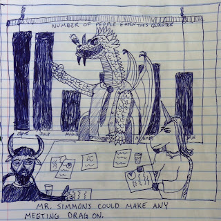 a dragon, unicorn, and satyr in a business meeting