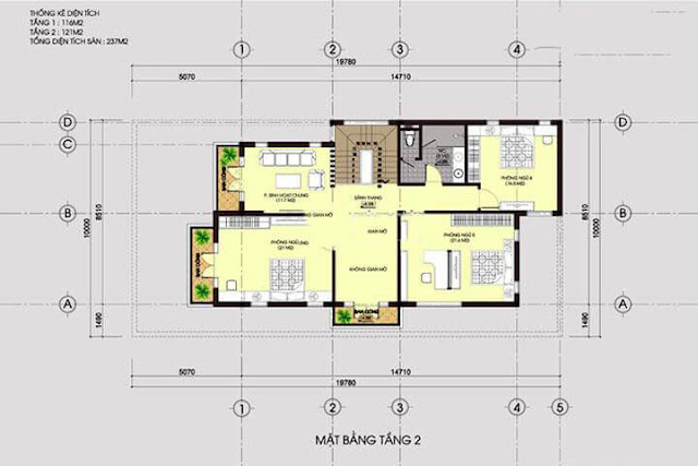 Biệt thự 2 tầng mái lệch - Mặt bằng tầng 2