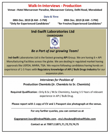 Ind Swift Labs | Walk-in for Production on 8-9 Dec 2019 | Pharma Jobs in Delhi