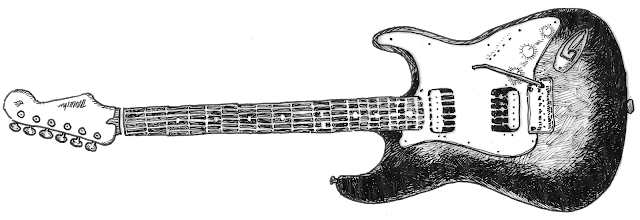 A pen-and-ink drawing of a Stratocaster electric guitar.