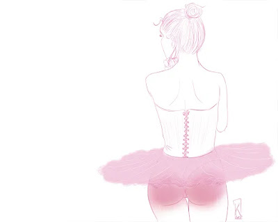 Dessin d'un jeune femme en tutu les fesses rouges après la fessée (red bottom after spanking ballerina in tutu drawing)