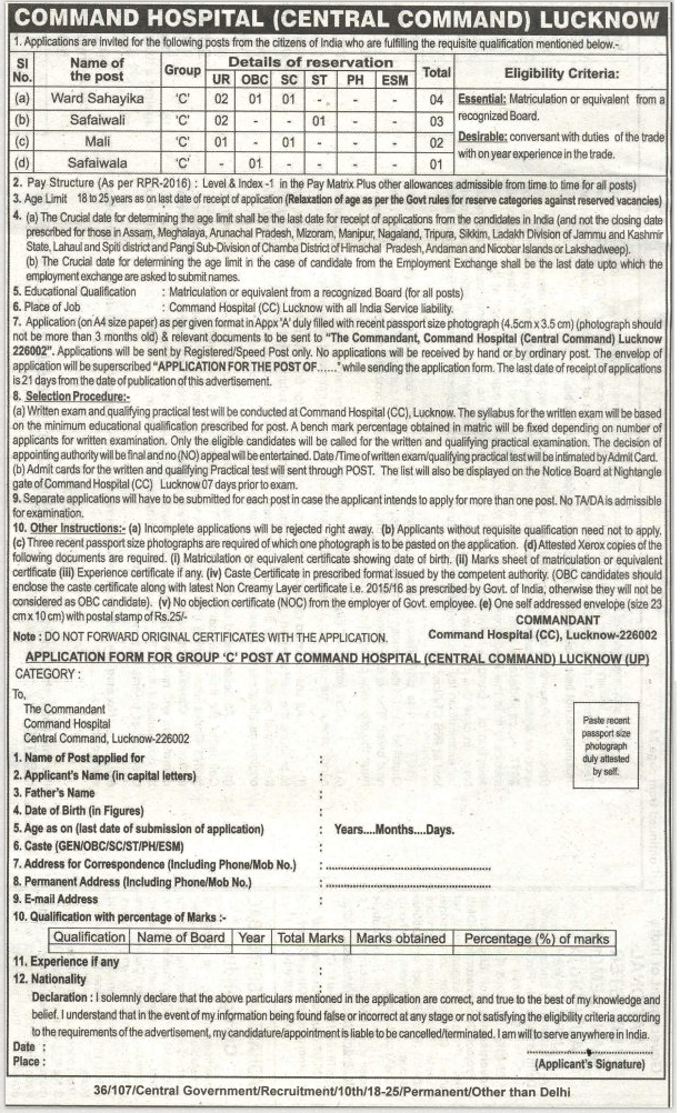 Command Hospital Central Command Lucknow Recruitment 2016 10 Mali Ward Sahayika Posts Last