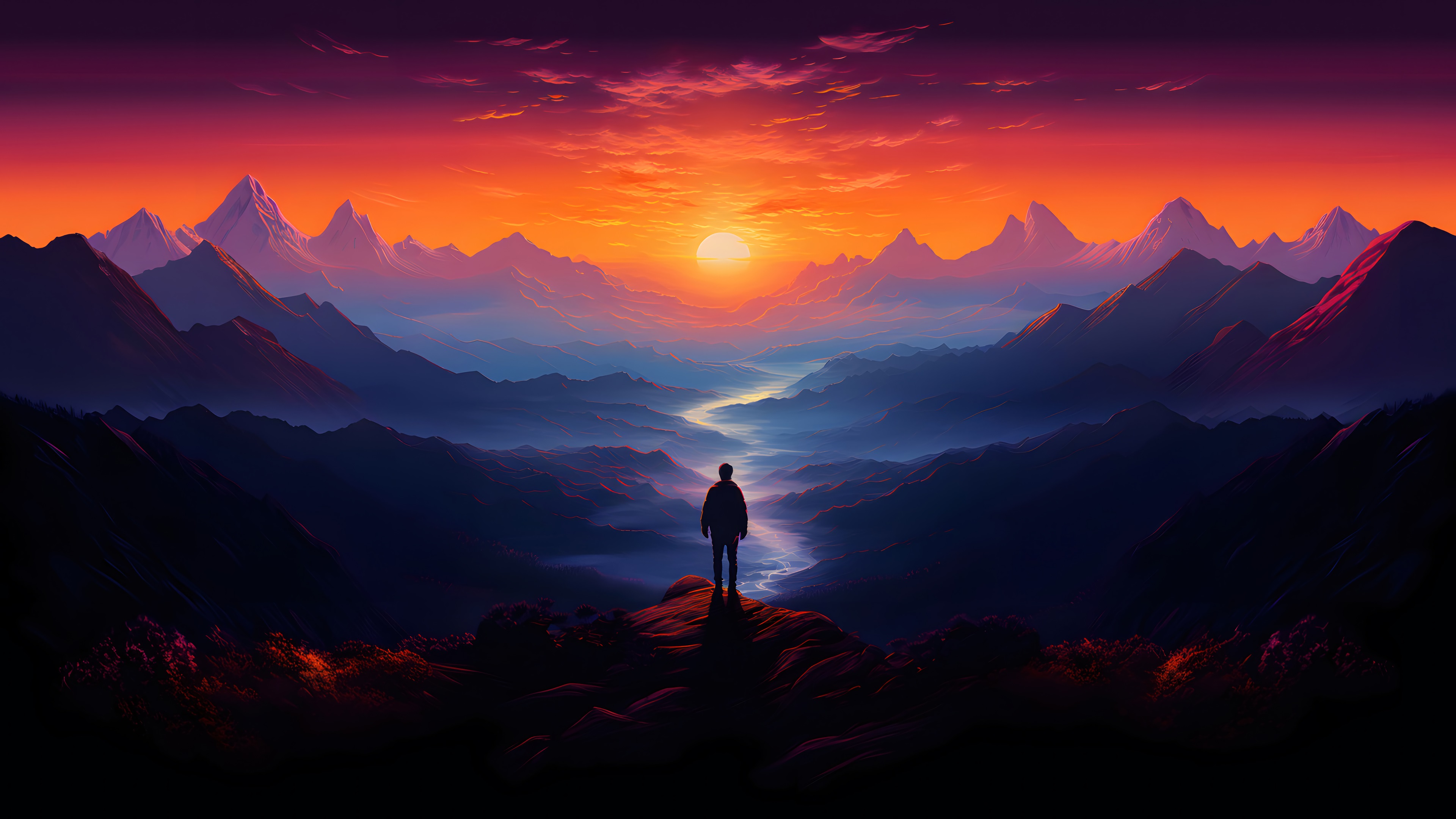 Sunset Horizon Standing Alone Mountains Scenery 4K Desktop PC