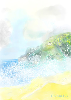 Image shows a digital watercolour painting of a splashy cove on a summer day, with crystal waters, waves, sand, and grey/green cliffs, against puffy cllouds.