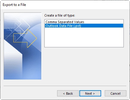 Step 4: Select the Outlook Data File (.pst) option and click Next.