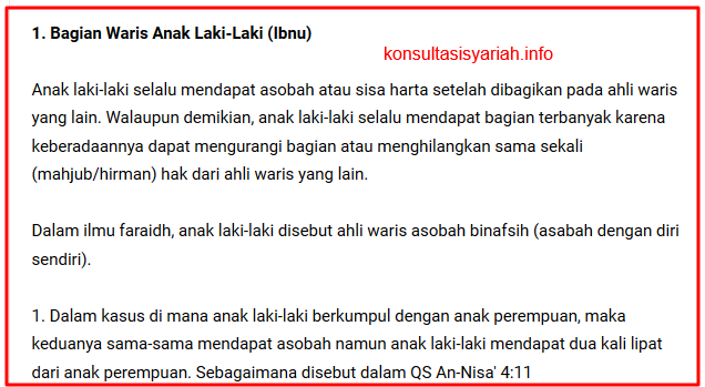 Bagian Waris Anak Laki-Laki (Ibnu)