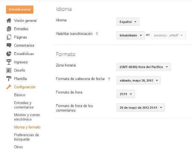 Blogger configuración del idioma