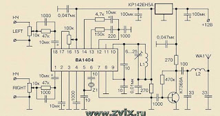 схема стереофонического передатчика на BA1404 с добавленным транзистором и стабилизатором напряжения