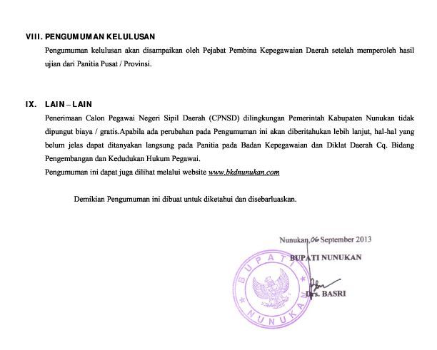 Kumpulan contoh surat: CPNSD 2013 - Kabupaten Nunukan