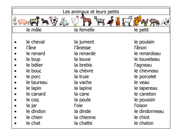 ورقة الحيوانات و صغارها لتلاميد الابتدائي بالفرنسية