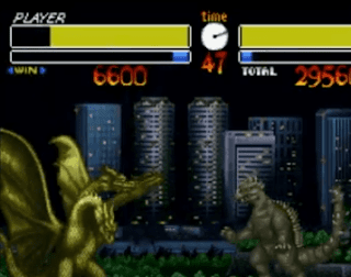 Shows two dinosaurs the  green one is controlled by the player and has like 90% full health here and score of like 6600 and other dinasour like 95% full health here and also a score of like 2950 and shorter grey coloured charecter in like new york city area with the building at the back here and time 47 .png