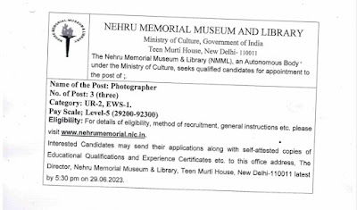 NMML Jobs 2023: Applications invited for Photographer Jobs..