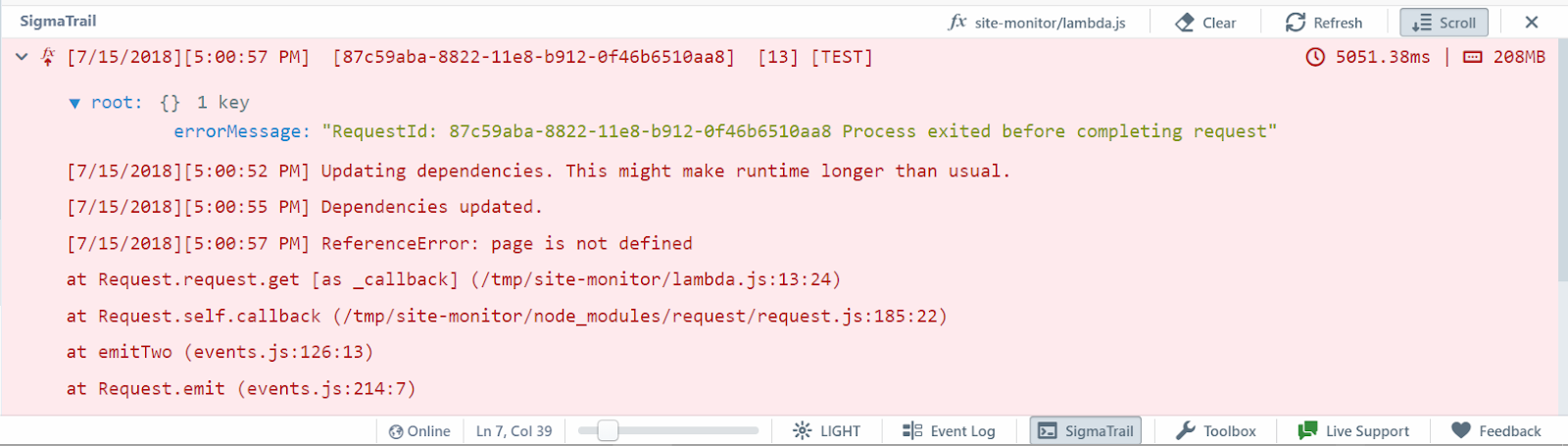 SigmaTrail automagically pops up when you run a test!