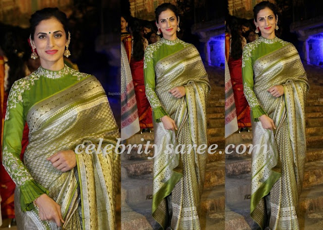 Shilpa Reddy in Neon Green Benaras Saree