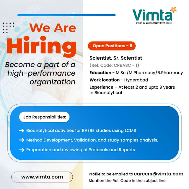 Vimta Lab Hiring For Scientist/ Sr Scientist - MSc/ M Pharmacy/ B Pharmacy