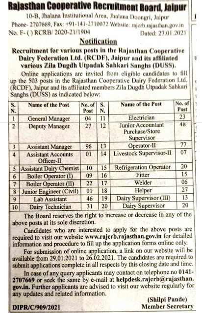 RCDF and Dairy Unions will recruit 503 posts, Rajasthan