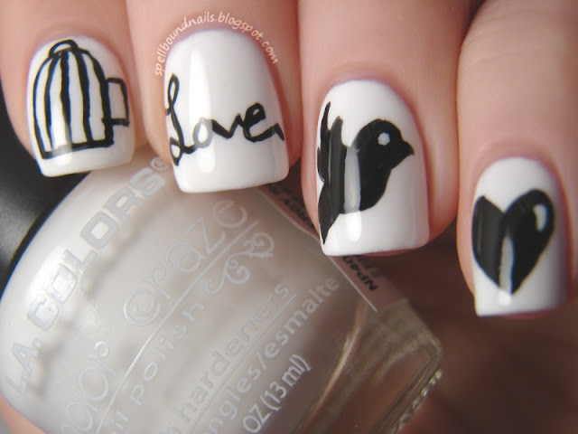 nails nailart nail art polish mani manicure Spellbound Lacquer ABC Challenge letter W is for Wings of Love bird cage birdcage caged bird love cursive flying fly away heart hearts black white LA Colors Energy Source Petites Night elegant sweet holiday Valentine's Day design