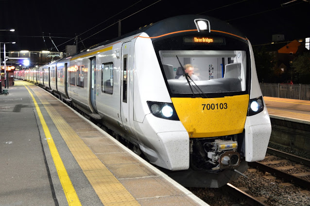 Night photo of 12-car Desiro City Class 700130 Thameslink Trains electric multiple unit at Bedford station 2018