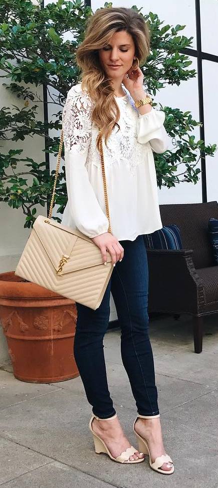 outfit idea lacer blouse + bag + skinnies