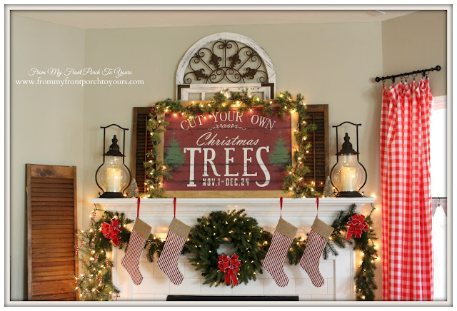 Farmhouse Christmas Mantel-Christmas Tree Sign-Striped Stockings- From My Front Porch To Yours 