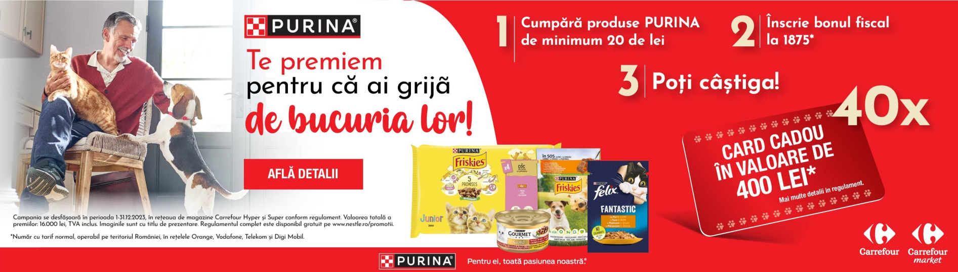 Concurs Purina - Castiga 40x Card Cadou Carrefour in valoare de 400 lei