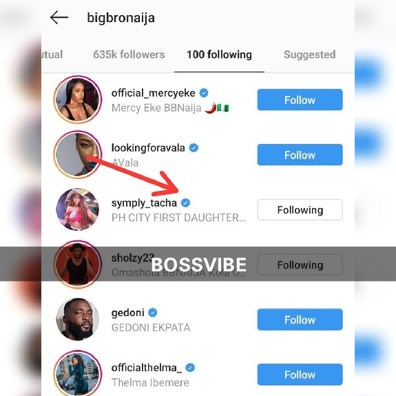 Tacha unfollows Big Brother Naija on Instagram
