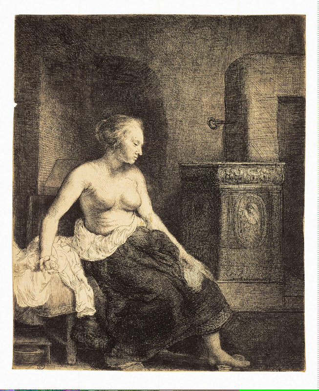 Half-Naked Woman by a Stove by Rembrandt Harmenszoon van Rijn - Nude Paintings from Hermitage Museum