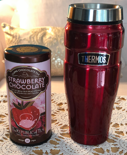 Republic of Tea Strawberry Chocolate Tea and tall insulated stainless steel travel cup