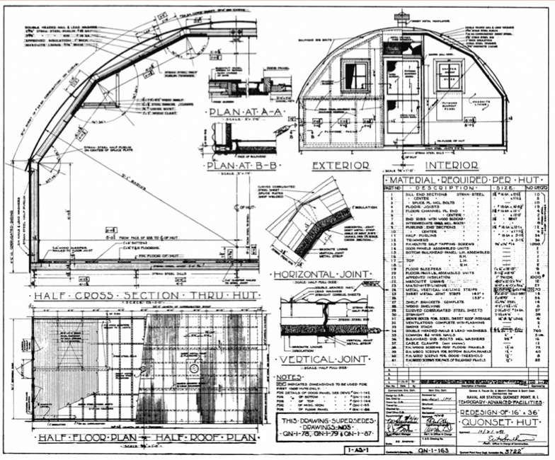 ... drawings of the 16' x 36' Quonset Hut Redesign (October 21, 1941