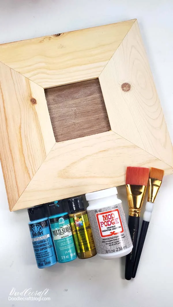 Supplies Needed for Mod Podge Crackle Project:  Wood Blank (I am using a thick, chunky wood frame with a 4x4 square opening) Mod Podge Crackle Finish Acrylic Craft Paint (I am using Aqua and Blue Ocean Multi-Surface Paint) Ceramcoat Gold Paint Paint Brushes