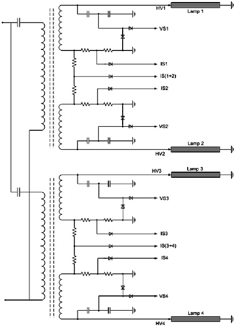 Hình 29 - Mạch hồi tiếp để ổn định điện áp và dòng điện cấp cho các bóng cao áp 