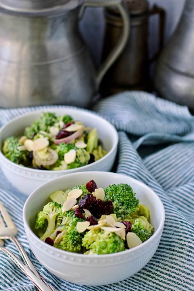 Broccoli Salad with Almonds and Cranberries in bowls