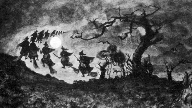 Witches on brooms in the air following each other in black and white.