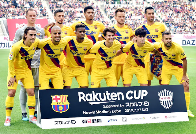 F. C. BARCELONA. Temporada 2019-20. Ter Stegen, Clément Lenglet, Ronald Araújo, Ivan Rakitić, Sergio Busquets. Antoine Griezmann, Raphinha Alcántara, Nelson Semedo, Riqui Puig, Álex Collado, Jordi Alba. VISSEL KOBE 0 🆚 F. C. BARCELONA 2 Sábado 27/07/2019, 11:00 horas. Partido amistoso perteneciente a la Rakuten Cup. Kōbe, Japón, Noevir Stadium: 27.720 espectadores. GOLES: ⚽0-1: 58’, Carles Pérez. ⚽0-2: 85’, Carles Pérez.