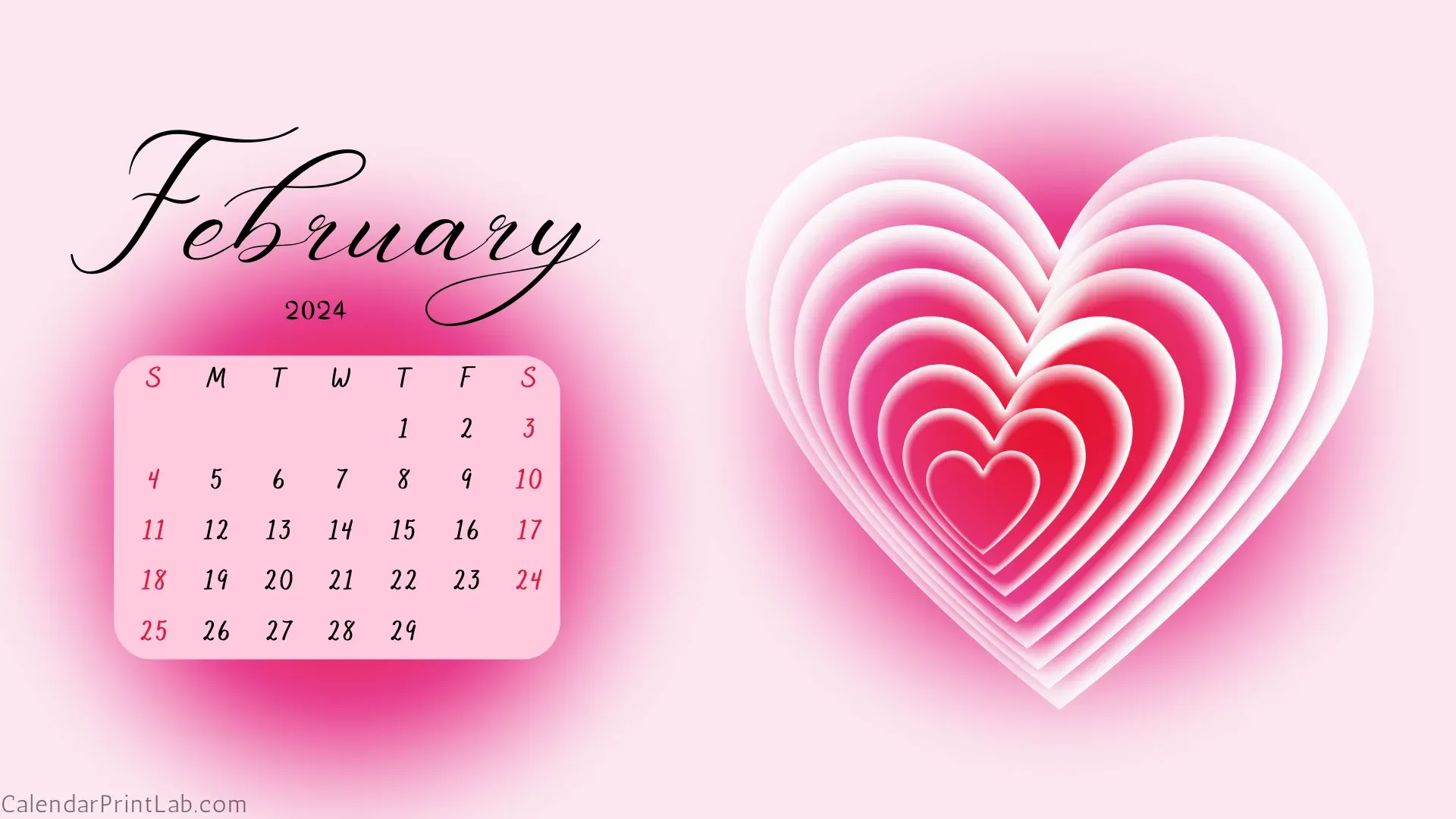 February 2024 Love Calendar Wallpaper