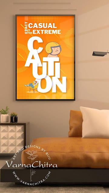 caution, casual zone, humorous poster, serious poster, printable download, wit, whimsy, playful imagery, typography, balance, relaxation, alertness, room decor, home decor, wall art, lightheartedness.  By Biju Varnachitra