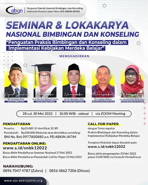 Info Seminar Nasional untuk Guru BK dari Pengurus Daerah Asosiasi Bimbingan dan Konseling Indonesia Jawa Timur (PD ABKIN JATIM)
