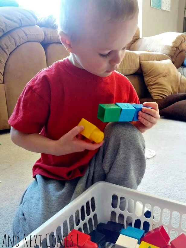 Spelling words using alphabet Mega Bloks from And Next Comes L