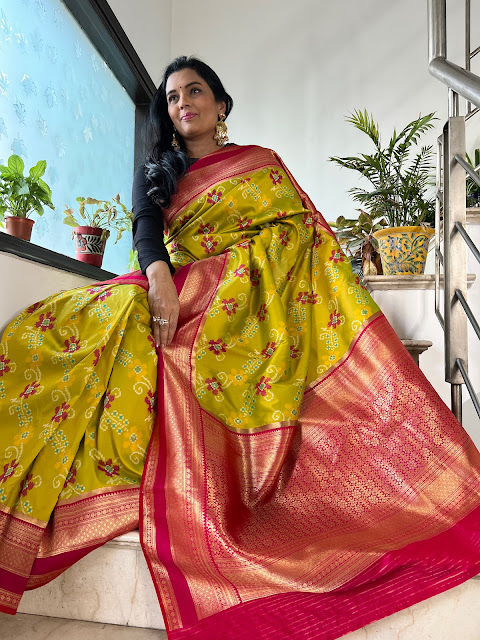 Lime green Patola saree with Kanjeevaram border