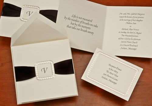 Ecru Tri Fold Square Wedding Invitation with Black Ribbon