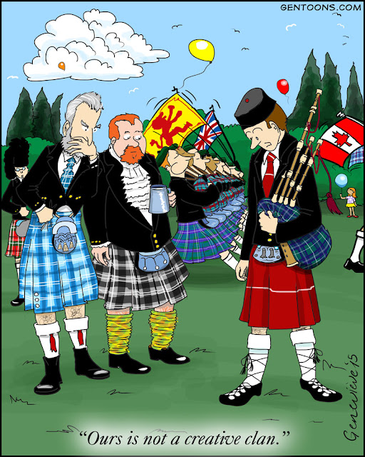 scottish festival, parading bagpipers and men in many different kilts. one guy has a kilt that's solid red with one horizontal line. he says "ours is not a creative clan."