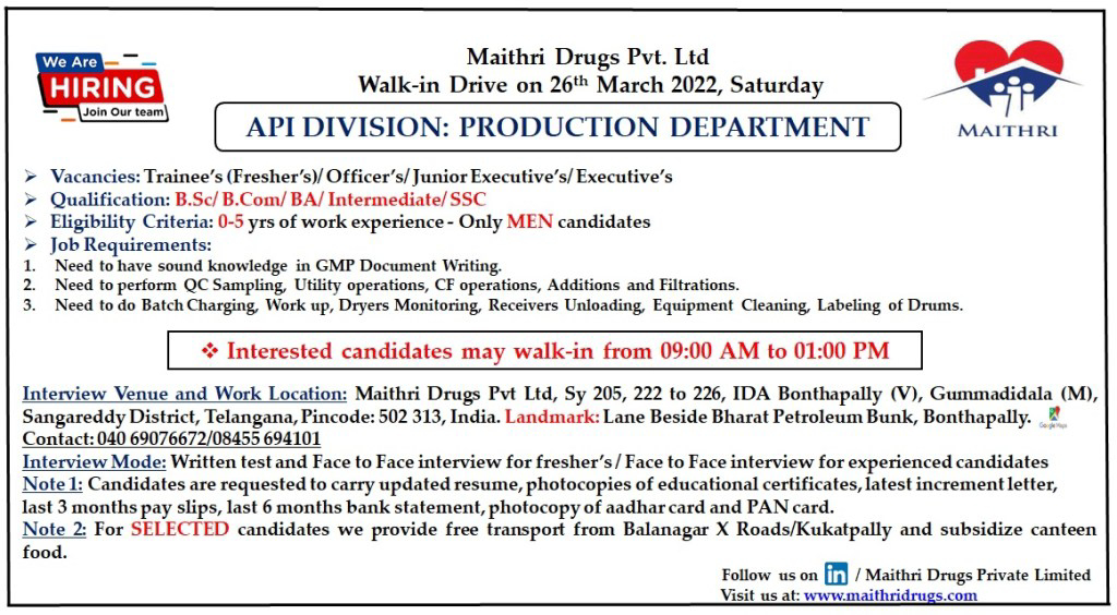 Job Availables,Maithri Drugs Pvt. Ltd Walk-In-Interview For BSc/ B.Com/ BA/ Intermediate - Freshers/ Experienced