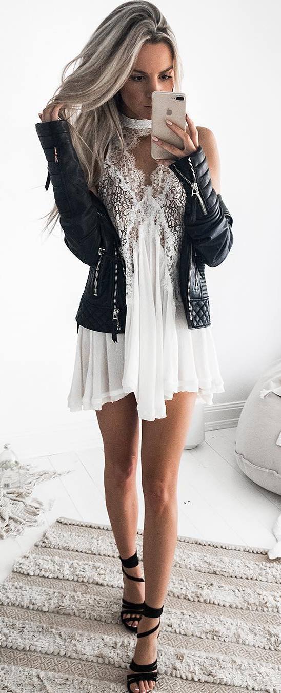 white and black trends / moto jacket + dress + heels