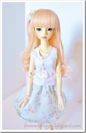 A final front view of Misako the bjd wearing her new outfit.  It complements her softly curled hair and figure nicely.