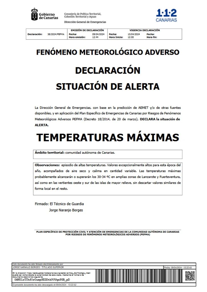 Acceda a la publicación oficial de la Alerta (Gobierno de Canarias).