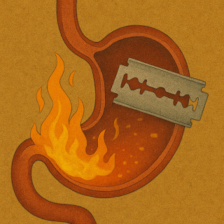 A cross-sectional illustration of a human stomach with a floating razor blade and a stylized flame inside, symbolizing the extreme acidity capable of dissolving metal.