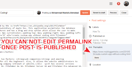 you can't edit permalink in blogger for a published post