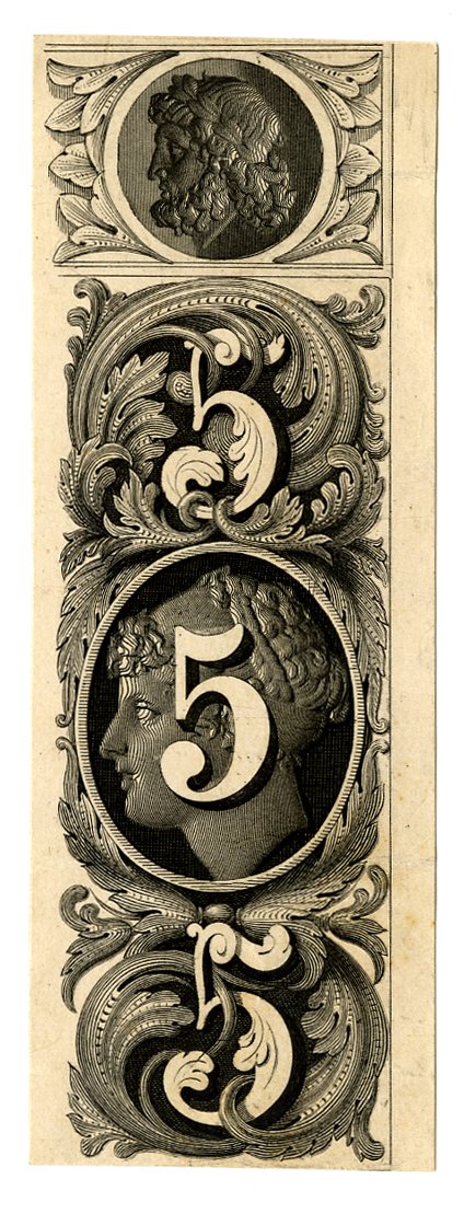 Vignette with number 5 and with female profile portrait as background at centre. Decorative patterns at upper and lower centre. Male profile portrait at top centre. Design printed in black. (19th c)