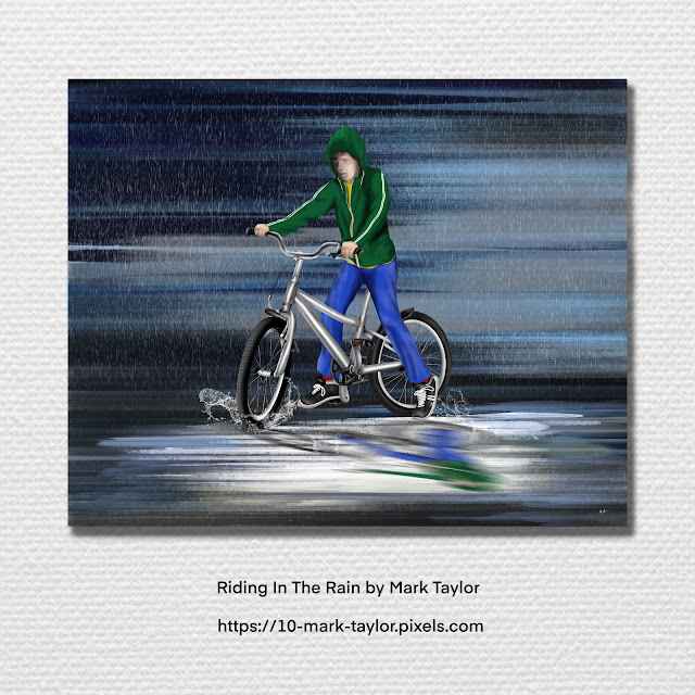 boy on bike in the 1980s with rain